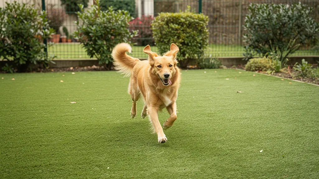 Chien jouant sur gazon synthétique dans jardin résidentiel familial