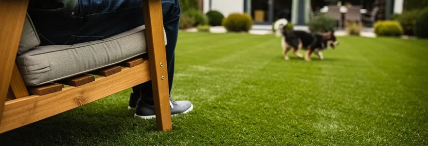 Jardin résidentiel aménagé avec pelouse synthétique verdoyante et mobilier extérieur