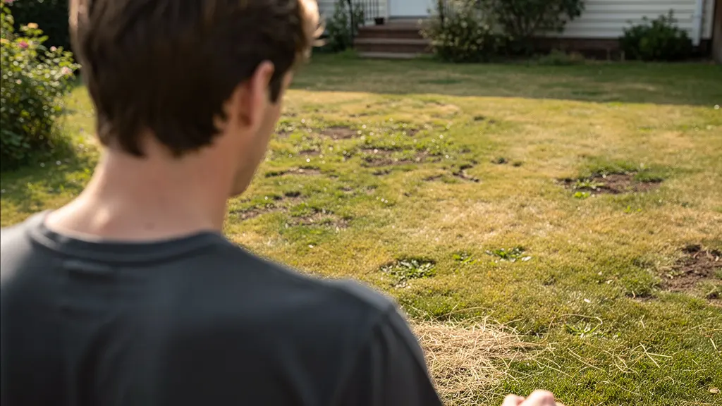 Propriétaire observant sa pelouse naturelle jaunie avec zones dégarnies