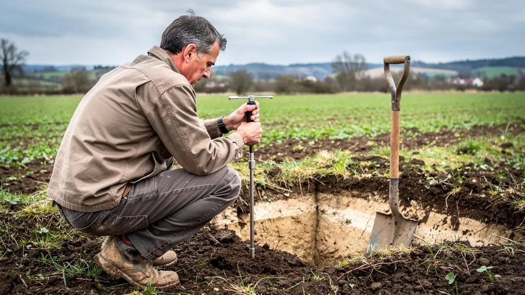 Un agriculteur penché enfonce un pénétromètre dans le sol d'une parcelle, à côté d'un trou d'observation avec une bêche plantée.