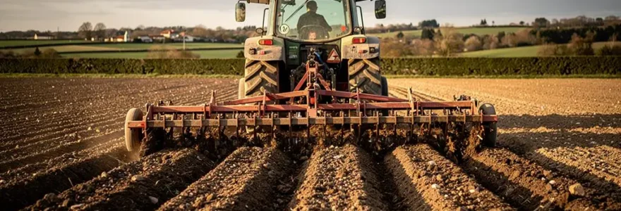 Un tracteur tracte un décompacteur à dents qui soulève et fissure le sol d'une grande parcelle agricole en France.